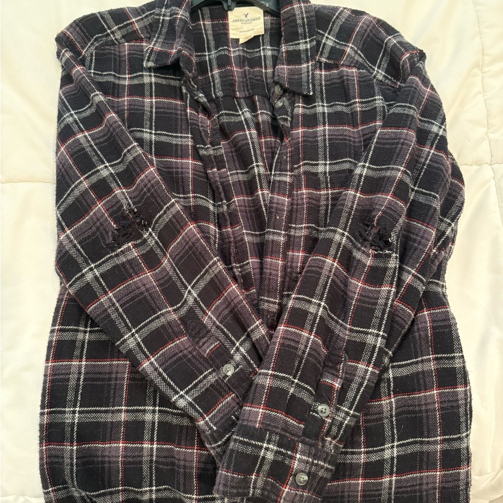 American Eagle Outfitters Black Plaid Button Down Shirt with Floral Embroidery - Picture 2 of 4